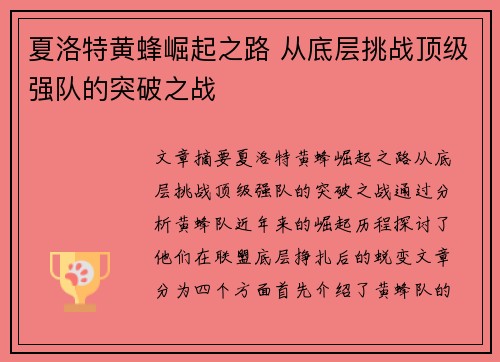夏洛特黄蜂崛起之路 从底层挑战顶级强队的突破之战
